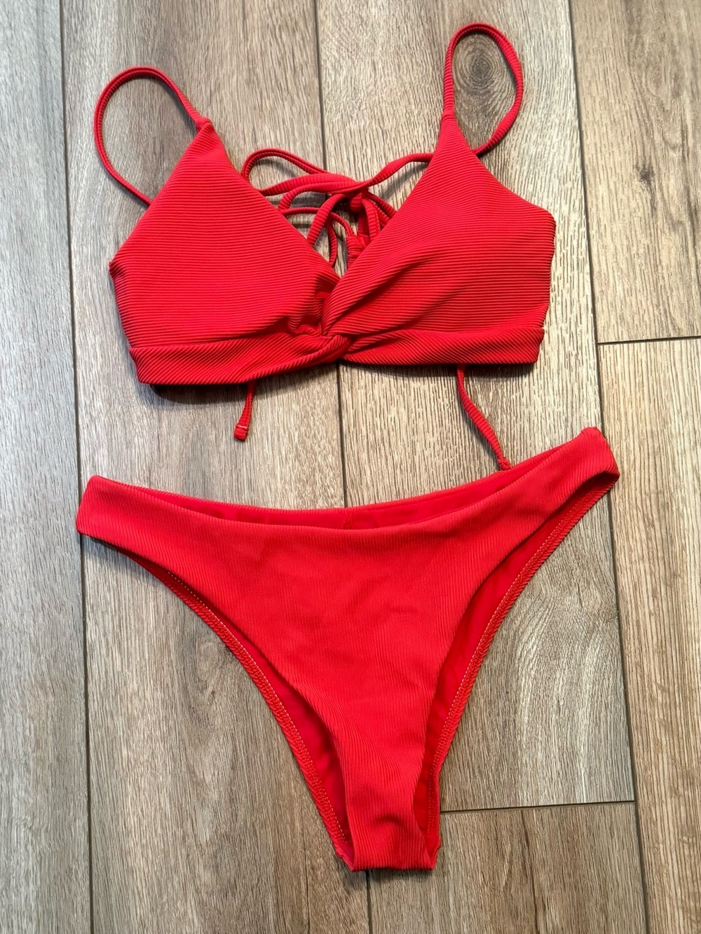 Red Ribbed Lace-Up Bikini Set cheeky